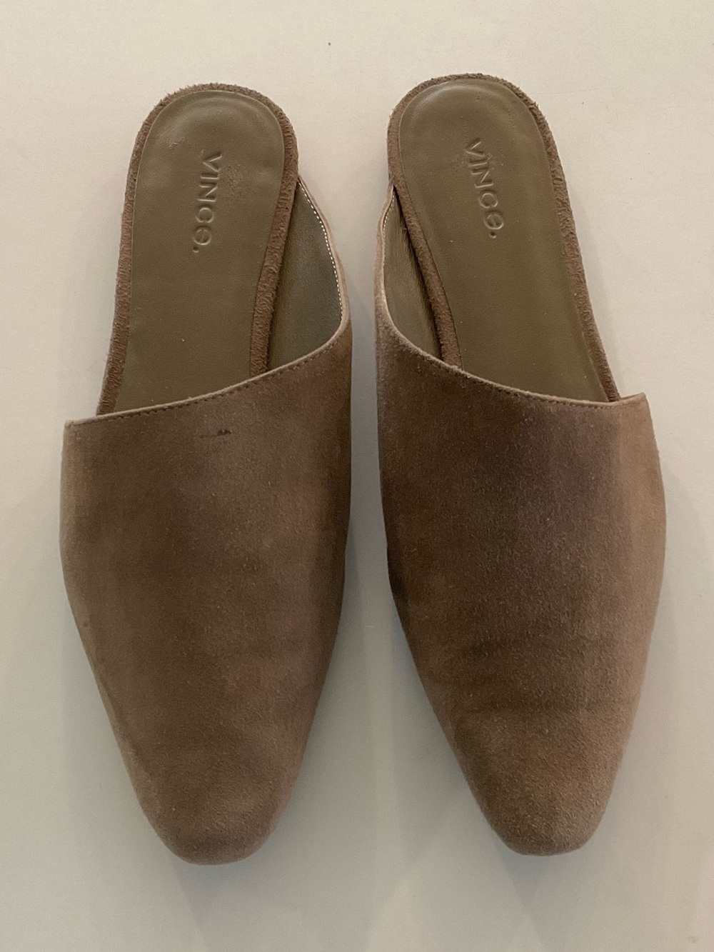 VINCE Gena Flat Mules In Taupe Suede Size 6.5
